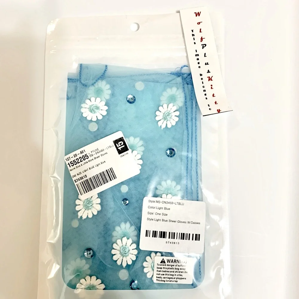 Dolls Kill Sheer Daisy Rhinestone Baby Blue Gloves - NEW